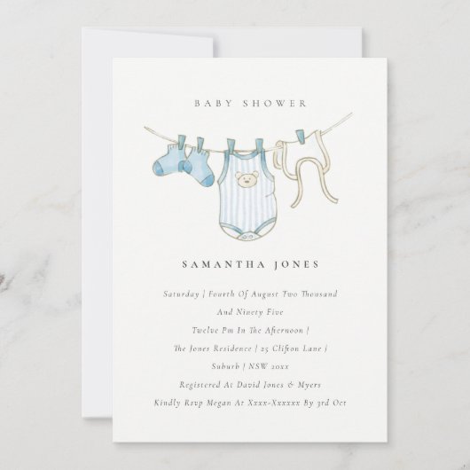 Niedlich Baby Clothesline Blue Boy Baby Dusche lad Dankeskarte (Vorderseite)