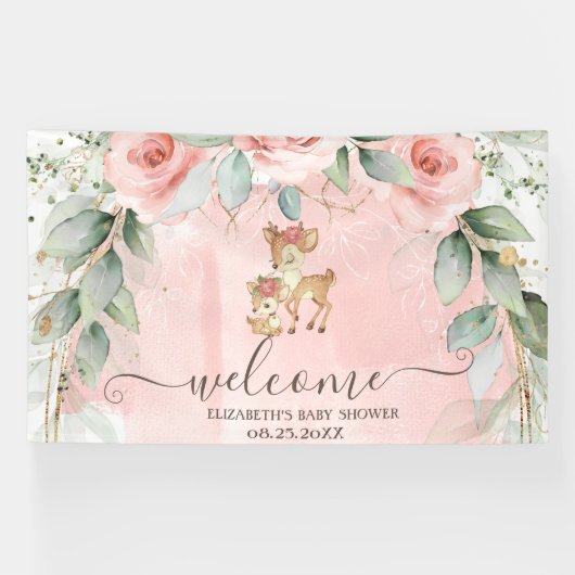 Niedlich Baby Deer Pink Roses Banner (Horizontal)