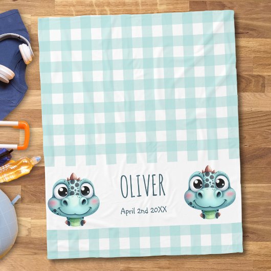 Niedlich Baby Dino Gingham Name Geburtsdatum Fleecedecke