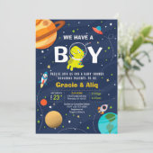 Niedlich Baby Dinosaur Babydusche Einladung BOY (Stehend Vorderseite)