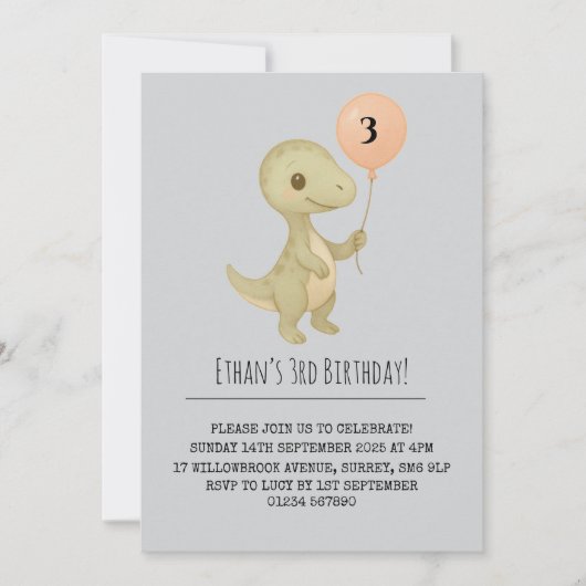 Niedlich Baby Dinosaurier mit Balloon Geburtstag Einladung (Vorderseite)