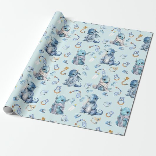 Niedlich Baby Dragon Blue Watercolor Geschenkpapier (Ungerollt)