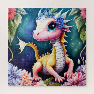 Niedlich Baby Dragon Floral Portrait Puzzle