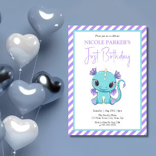Niedlich Baby Dragon Lila Stripes 1. Geburtstag Einladung