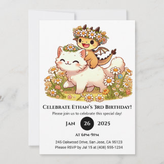 Niedlich Baby Dragon Riding White Cat Geburtstag Einladung