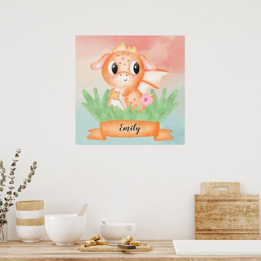Niedlich Baby Dragon Watercolor Poster (Küche)