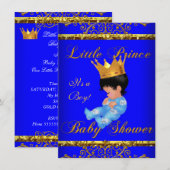 Niedlich Baby Dusche Blue Gold Boy Prince Crown 3 Einladung (Vorne/Hinten)