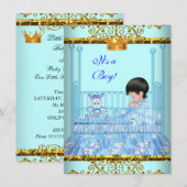 Niedlich Baby Dusche Blue Gold Boy Prince Crown 4 Einladung (Vorne/Hinten)