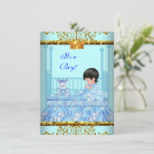 Niedlich Baby Dusche Blue Gold Boy Prince Crown 4 Einladung (Stehend Vorderseite)