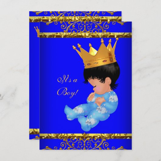 Niedlich Baby Dusche Blue Gold Boy Prince Crown 4 Einladung (Vorne/Hinten)