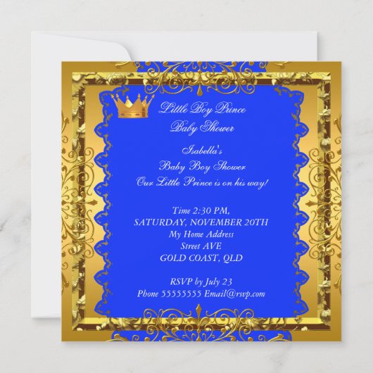 Niedlich Baby Dusche Blue Gold Boy Prince Crown 5 Einladung (Rückseite)