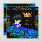 Niedlich Baby Dusche Blue Gold Boy Prince Crown 9 Einladung (Vorne/Hinten)