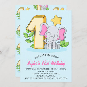 Niedlich Baby Elephant 1. Geburtstag Party Einladu Einladung