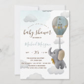 Niedlich Baby Elephant Ballon Stripes Baby Dusche Einladung (Vorderseite)