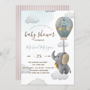 Niedlich Baby Elephant Ballon Stripes Baby Dusche Einladung
