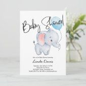 Niedlich Baby Elephant Blue Balloon Baby Dusche Einladung (Stehend Vorderseite)
