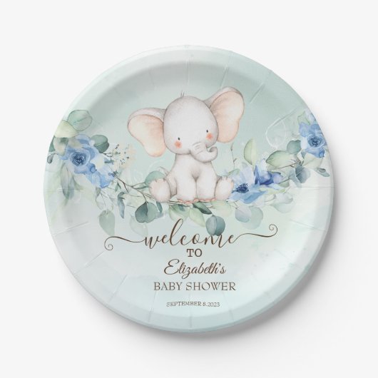 Niedlich Baby Elephant Blue Rose Pappteller (Vorderseite)