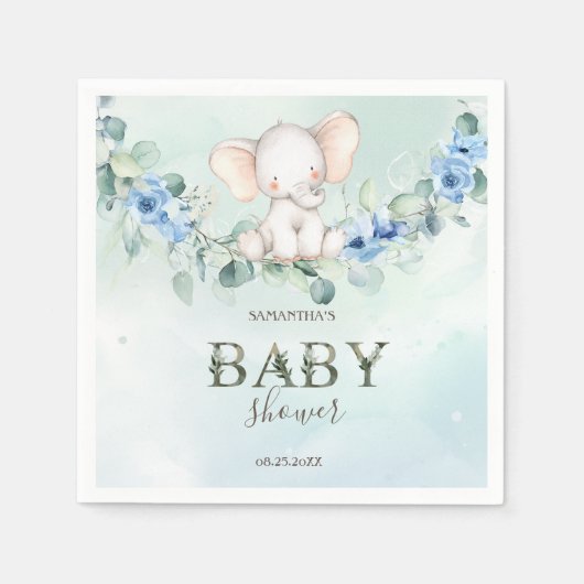Niedlich Baby Elephant Blue Rose Serviette (Vorderseite)