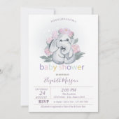 Niedlich Baby Elephant Blume Polka Dots Babydusche Einladung (Vorderseite)