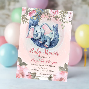 Niedlich Baby Elephant Blumenrosa Dots Babydusche Einladung