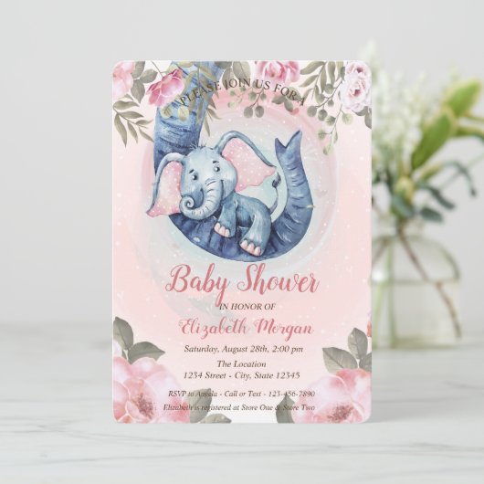Niedlich Baby Elephant Blumenrosa Dots Babydusche Einladung (Stehend Vorderseite)