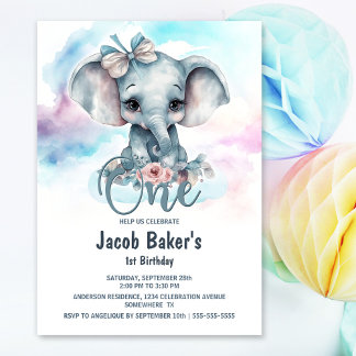 Niedlich Baby Elephant Boy 1. Geburtstag Party Einladung