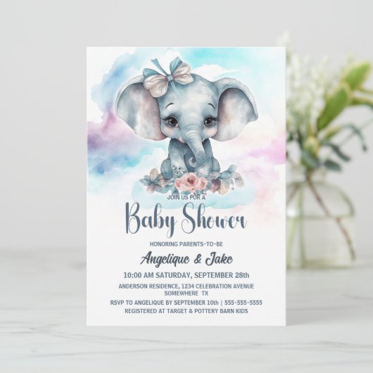 Niedlich Baby Elephant Boy Baby Dusche Einladung (Stehend Vorderseite)