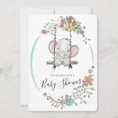 Niedlich Baby Elephant Boy Floral Swing Baby Dusch Einladung (Vorderseite)