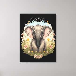 Niedlich Baby Elephant Calf Wildblume Wanderlust Leinwanddruck