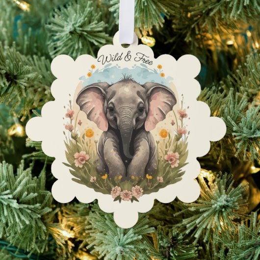 Niedlich Baby Elephant Calf Wildblume Wanderlust Ornament Karte (Insitu (Baum))