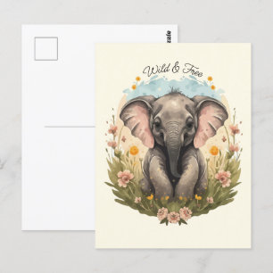 Niedlich Baby Elephant Calf Wildblume Wanderlust P Postkarte