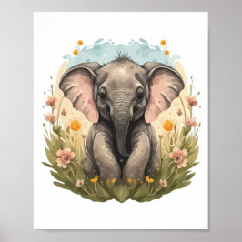 Niedlich Baby Elephant Calf Wildblume Wanderlust Poster