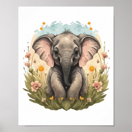 Niedlich Baby Elephant Calf Wildblume Wanderlust Poster (Vorne)
