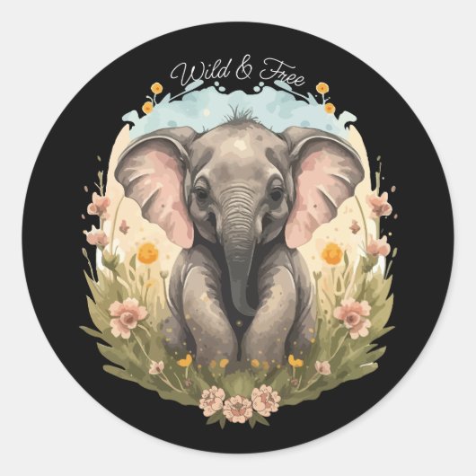 Niedlich Baby Elephant Calf Wildblume Wanderlust Runder Aufkleber (Vorderseite)