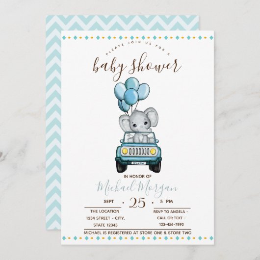 Niedlich Baby Elephant Car, Zigzag Babydusche Einladung (Vorne/Hinten)