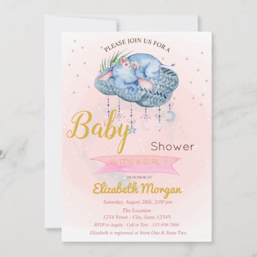 Niedlich Baby Elephant Cloud, Stars Baby Dusche Einladung (Vorderseite)
