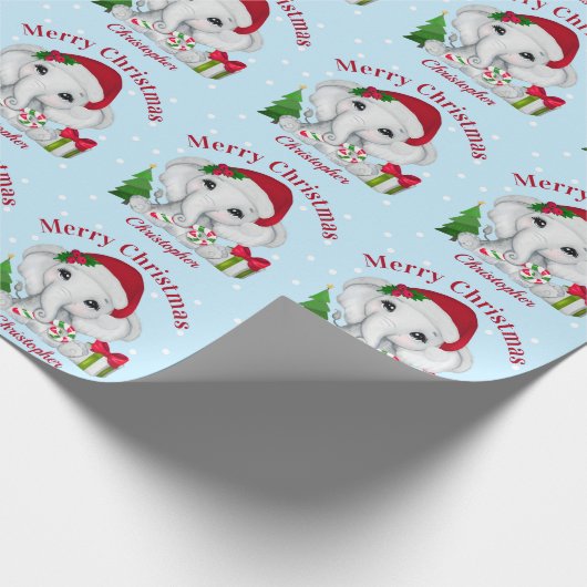 Niedlich Baby Elephant Frohe Weihnachten Blau Geschenkpapier (Ecke)