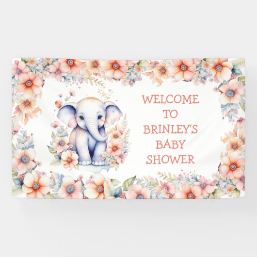 Niedlich Baby Elephant Girl's Baby Shower Banner (Horizontal)
