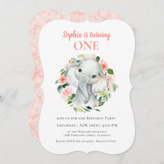 Niedlich Baby Elephant Girls erste Geburtstagspart Einladung