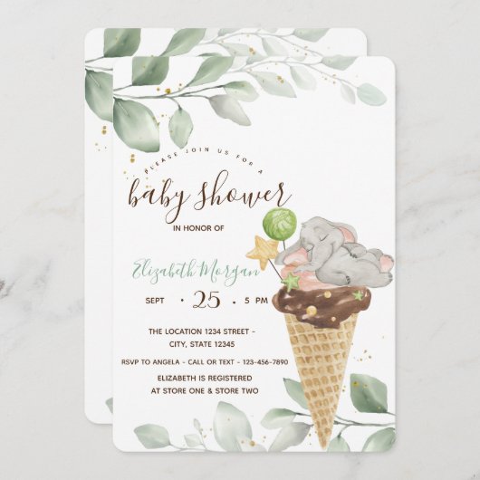 Niedlich Baby Elephant Ice Creme Baby Dusche Einladung (Vorne/Hinten)