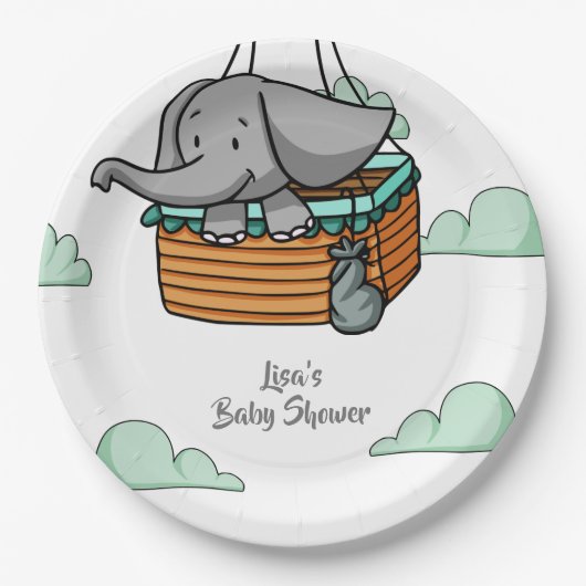 Niedlich Baby Elephant im Hot Air Ballon Basket Pa Pappteller (Vorderseite)