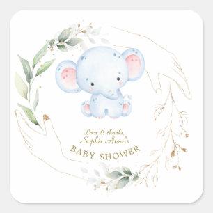 Niedlich Baby Elephant Jungle Greenery Baby Dusche Quadratischer Aufkleber