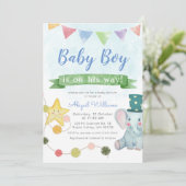 Niedlich Baby Elephant Party - Blue Baby Dusche Einladung (Stehend Vorderseite)