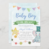 Niedlich Baby Elephant Party - Blue Baby Dusche Einladung (Vorne/Hinten)