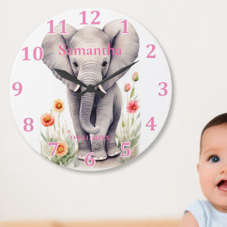 Niedlich Baby Elephant Pastel Watercolor Spring Bl Große Wanduhr