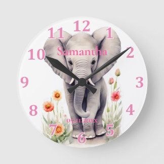 Niedlich Baby Elephant Pastel Watercolor Spring Bl Runde Wanduhr