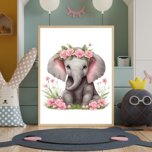Niedlich Baby Elephant Pink Blume Kinderzimmer Poster