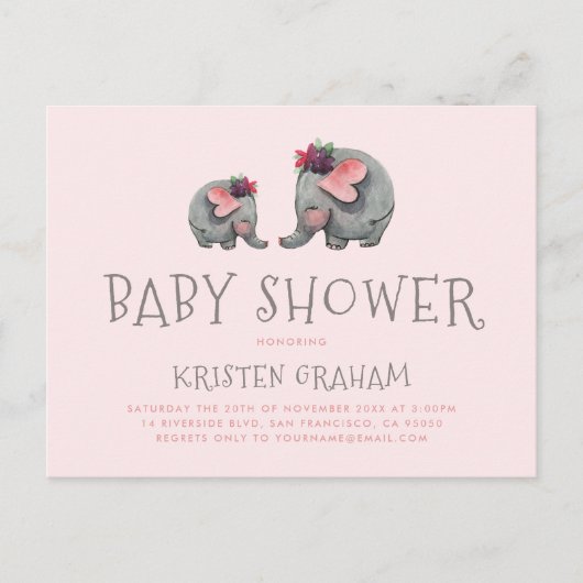 Niedlich Baby Elephant | Pink Watercolor Babydusch Einladungspostkarte (Vorderseite)