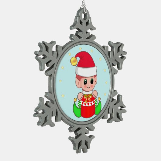 Niedlich Baby Elf & Stars auf Light Blue Schneeflocken Zinn-Ornament (Links)