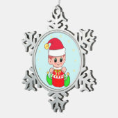 Niedlich Baby Elf & Stars auf Light Blue Schneeflocken Zinn-Ornament (Rechts)